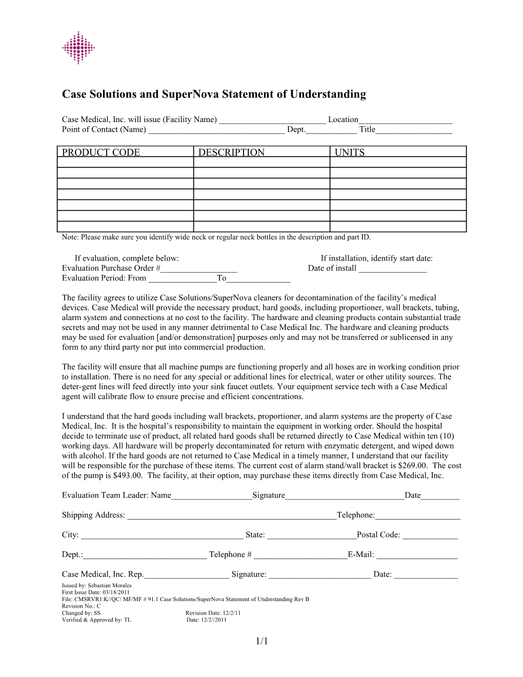 Case Solutions and Supernova Statement of Understanding