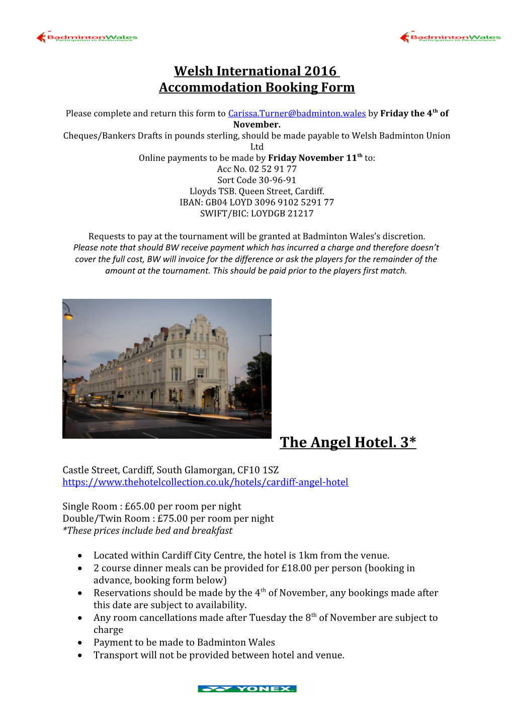 Welsh International 2016 Accommodation Booking Form