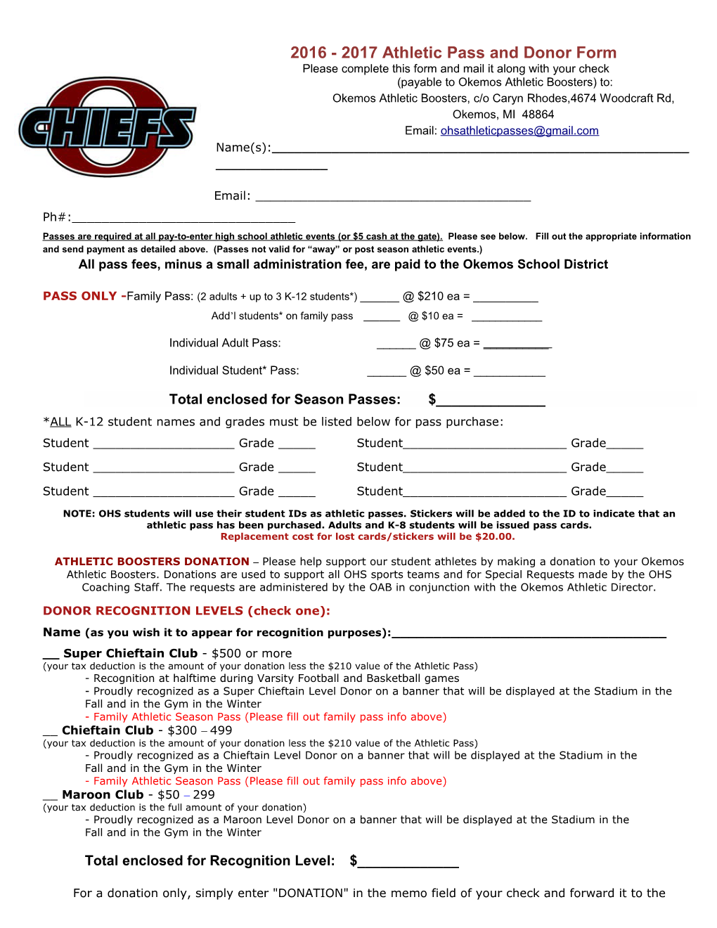 2016 - 2017 Athletic Pass and Donor Form