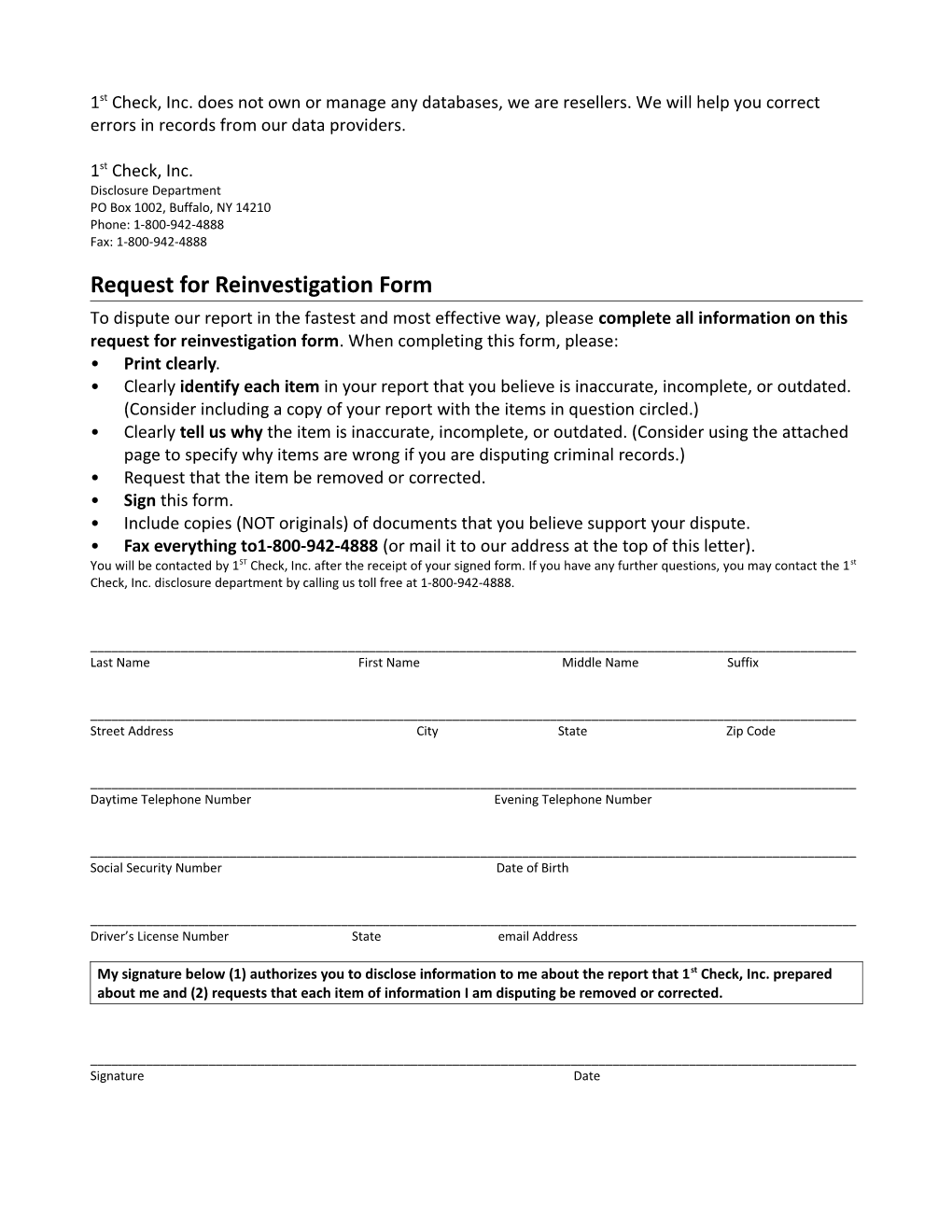 Request for Reinvestigation Form