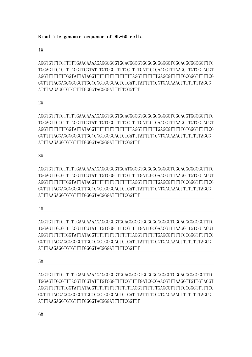 Bisulfite Genomic Sequence of HL-60 Cells