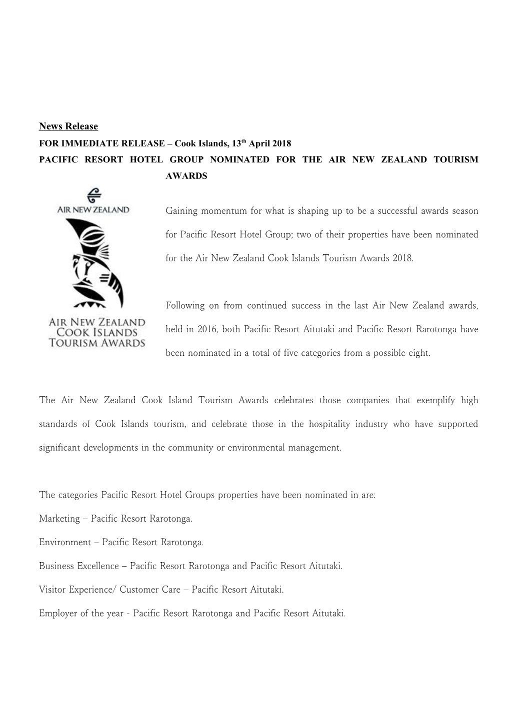 FOR IMMEDIATE RELEASE Cook Islands, 13Th April 2018