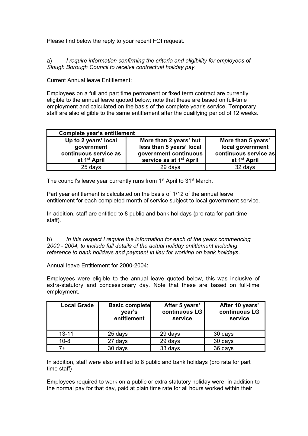 Please Find Below the Reply to Your Recent FOI Request