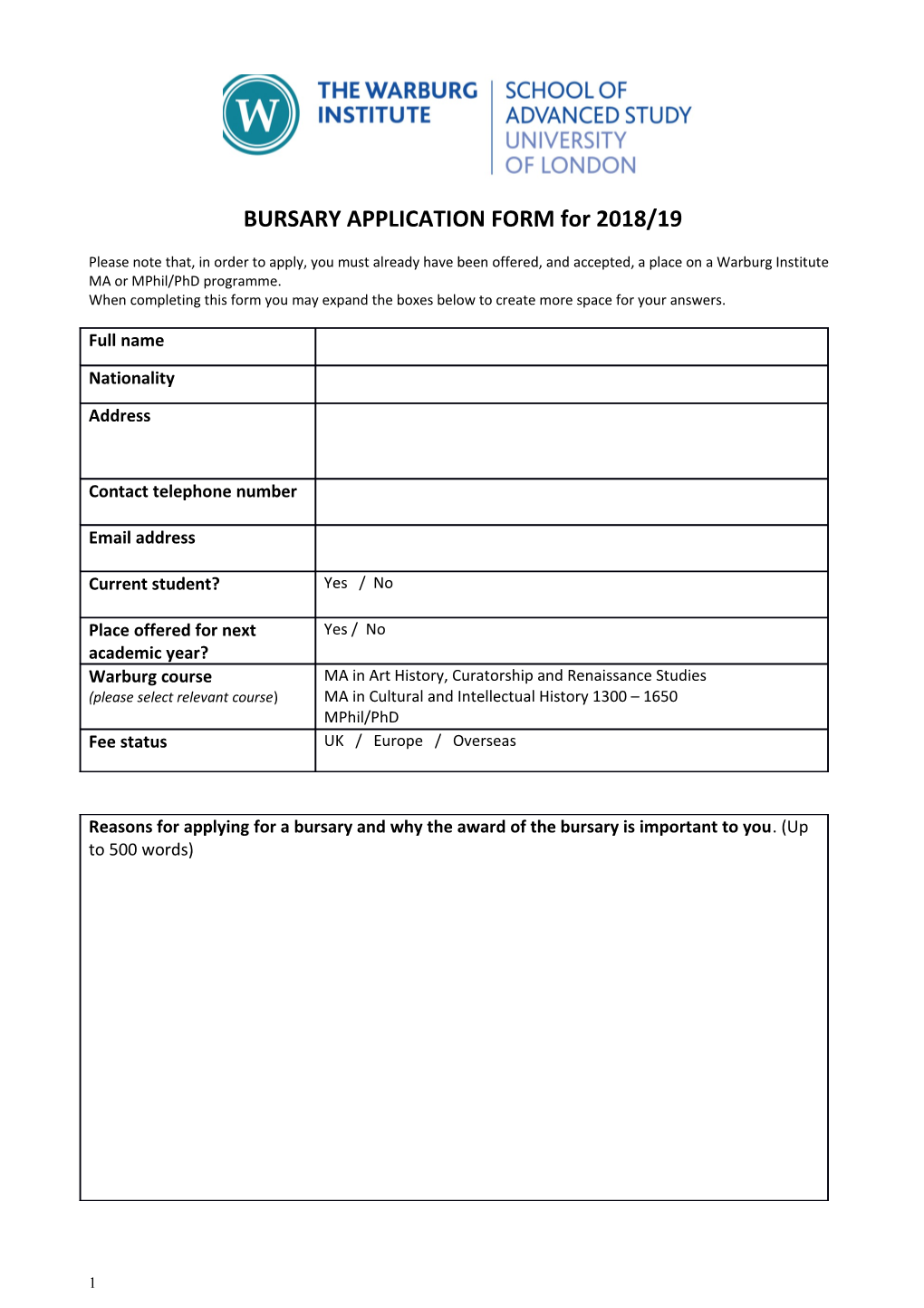 BURSARY APPLICATION FORM for 2018/19