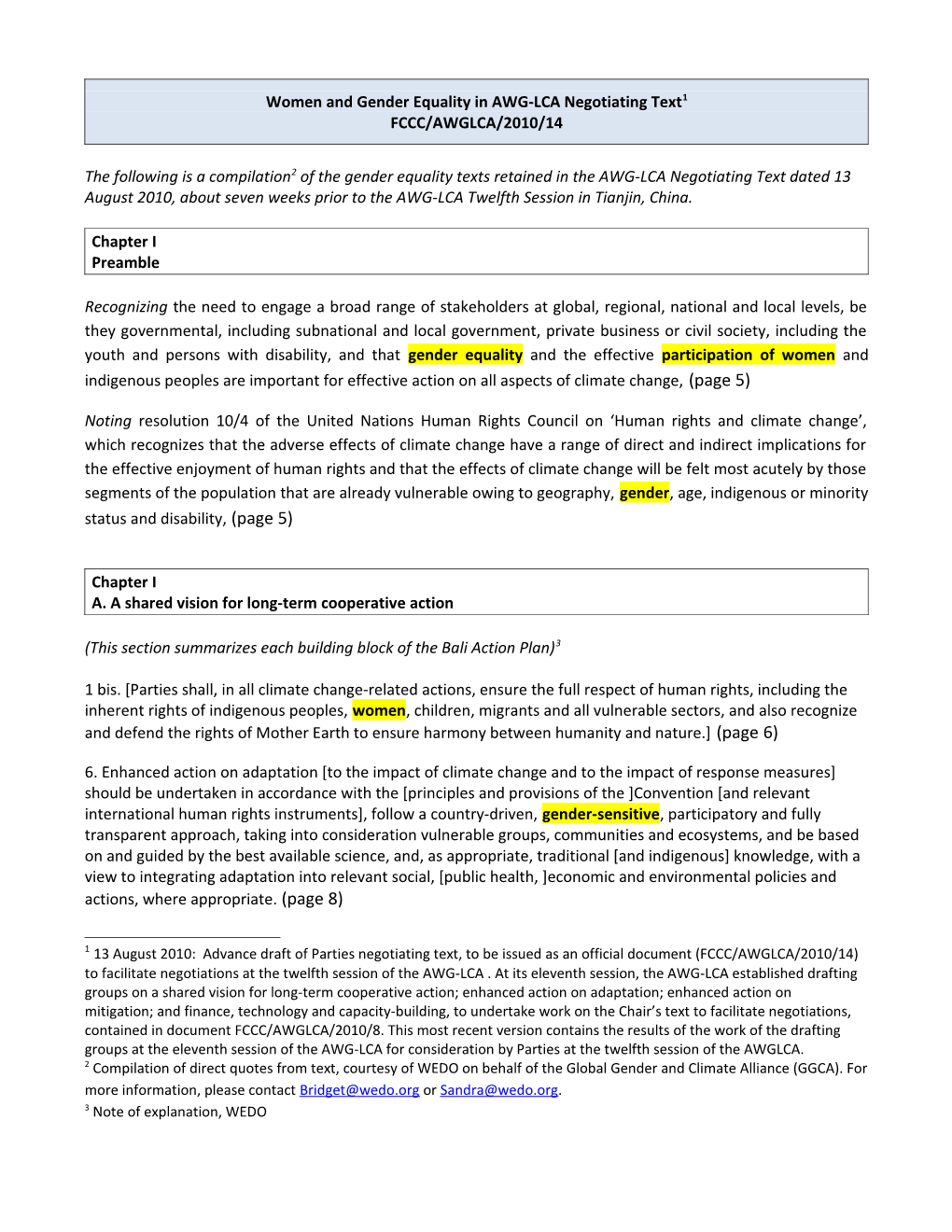 Women and Gender Equality in AWG-LCA Negotiating Text 1