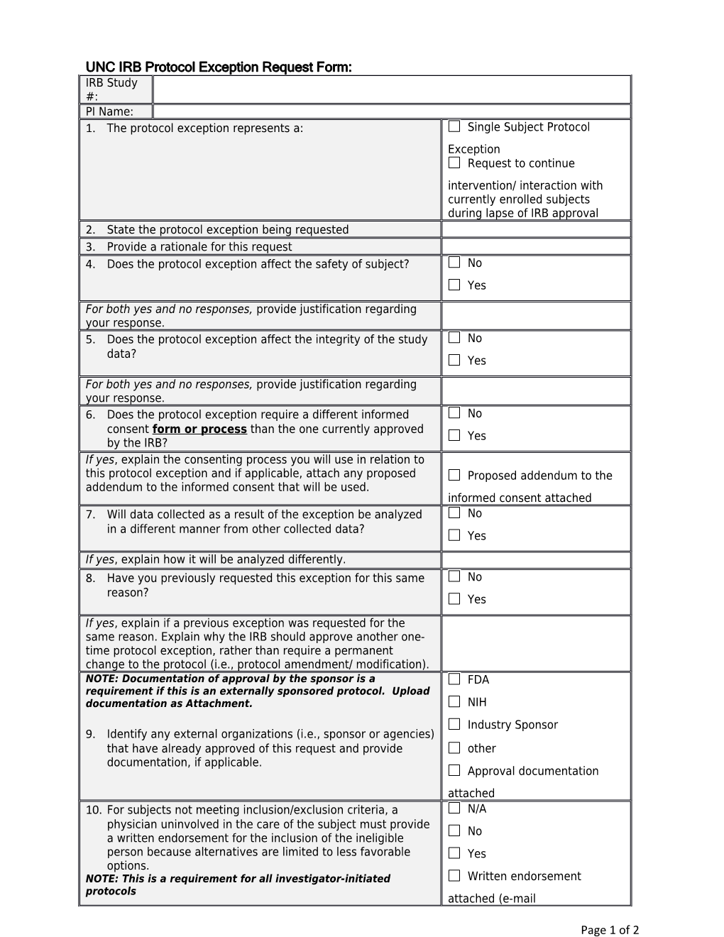 UNC IRB Protocol Exception Request Form