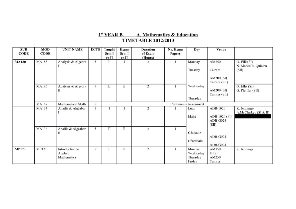 2Nd Year B.A. in Mathematics & Education Timetable