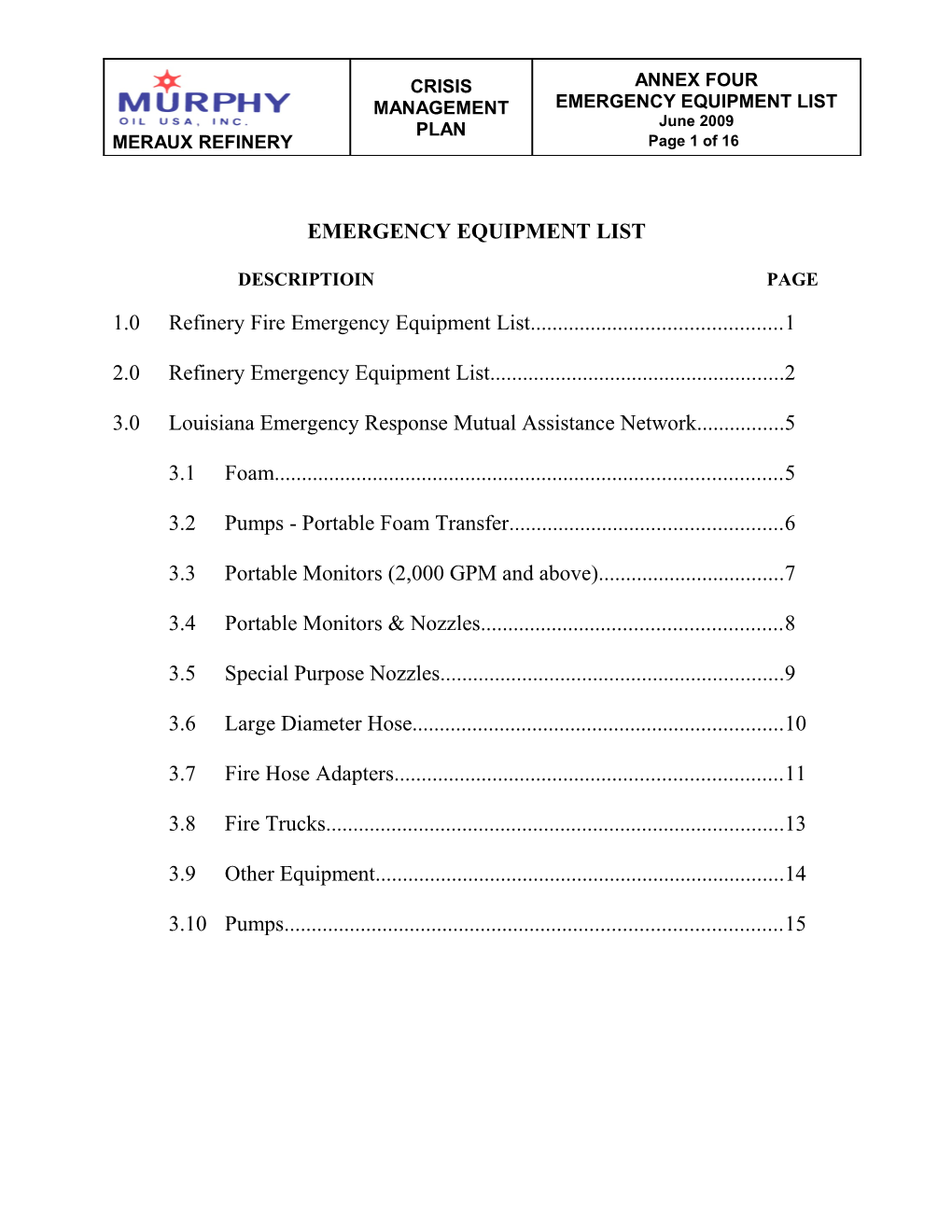 Emergency Equipment List