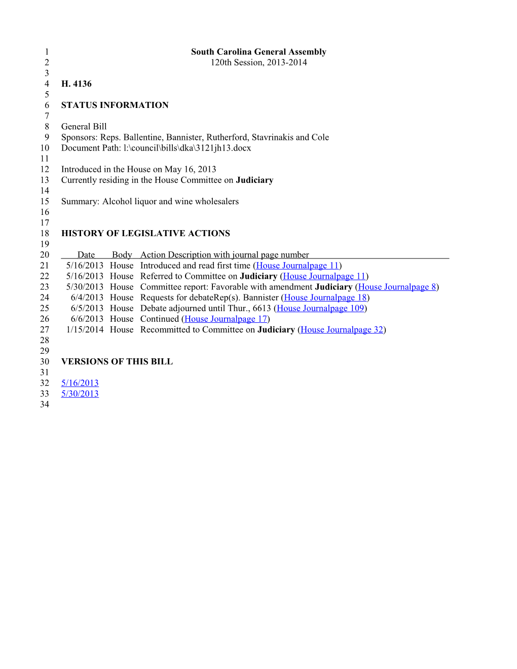 2013-2014 Bill 4136: Alcohol Liquor and Wine Wholesalers - South Carolina Legislature Online