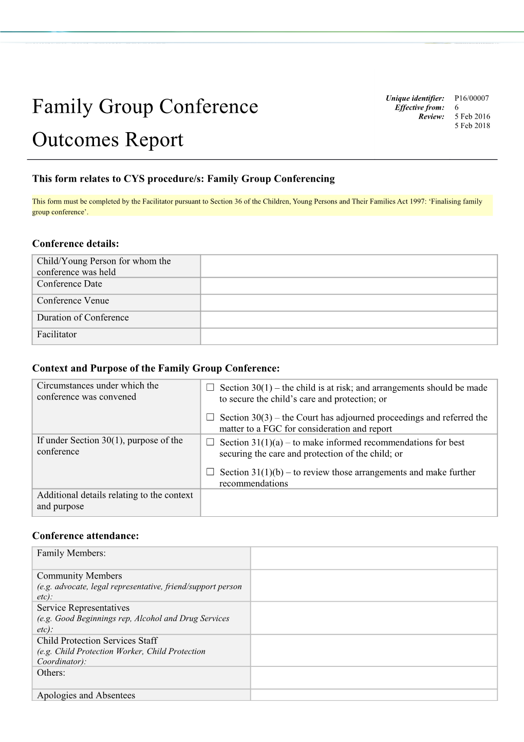 Family Group Conference Outcomes Report