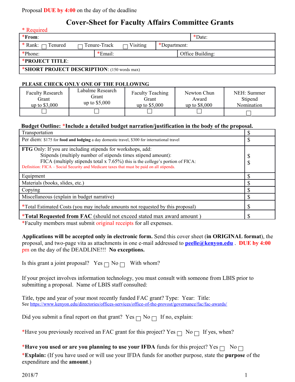 Cover-Sheet for Faculty Affairs Committee Grants