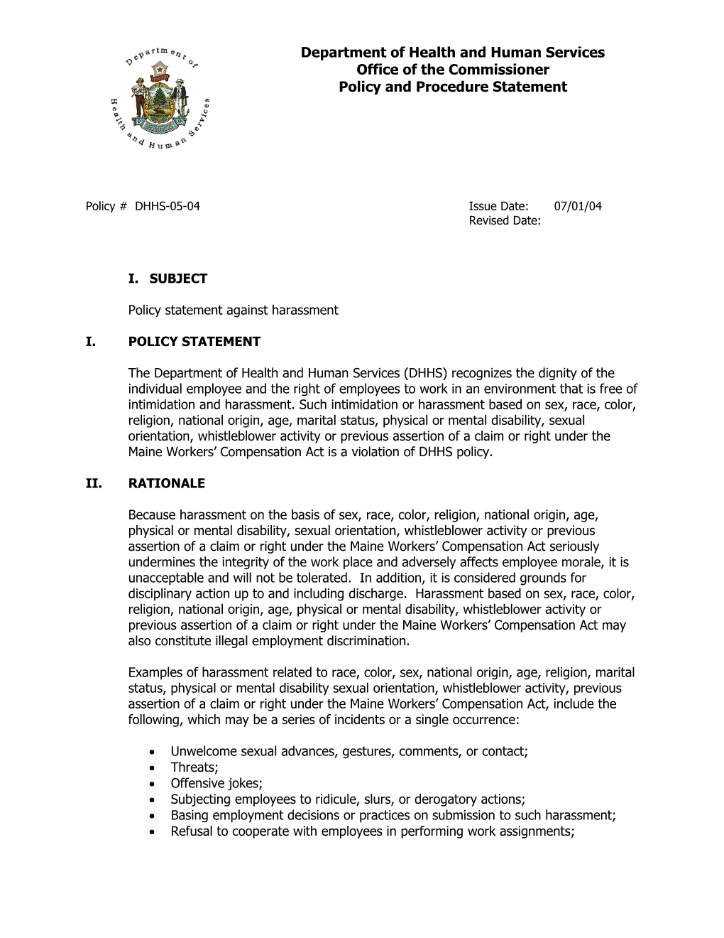 Policy Statement Against Harassment