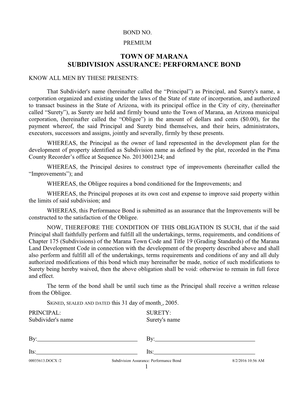 FRM AA11 20150609 Subdivision Performance Bond Form (00035613)
