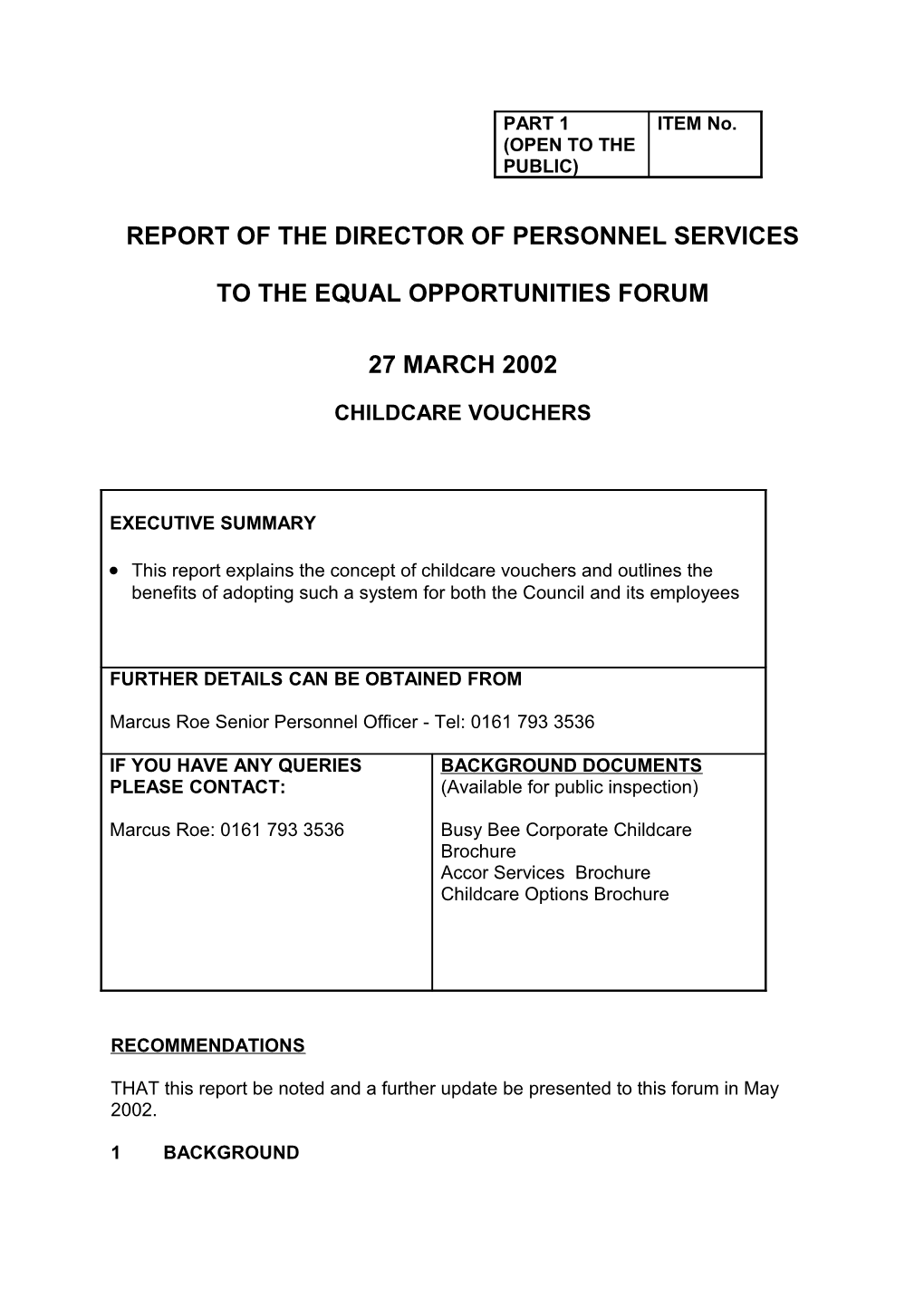 Report of the Director of Personnel Services