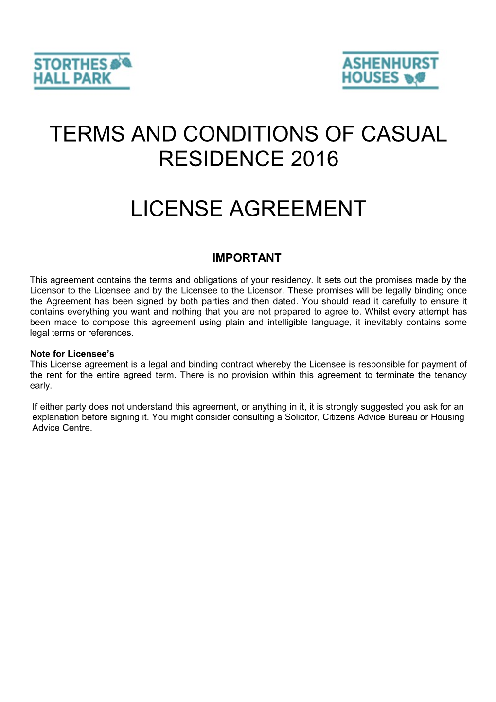 Terms and Conditions of Casual Residence 2016