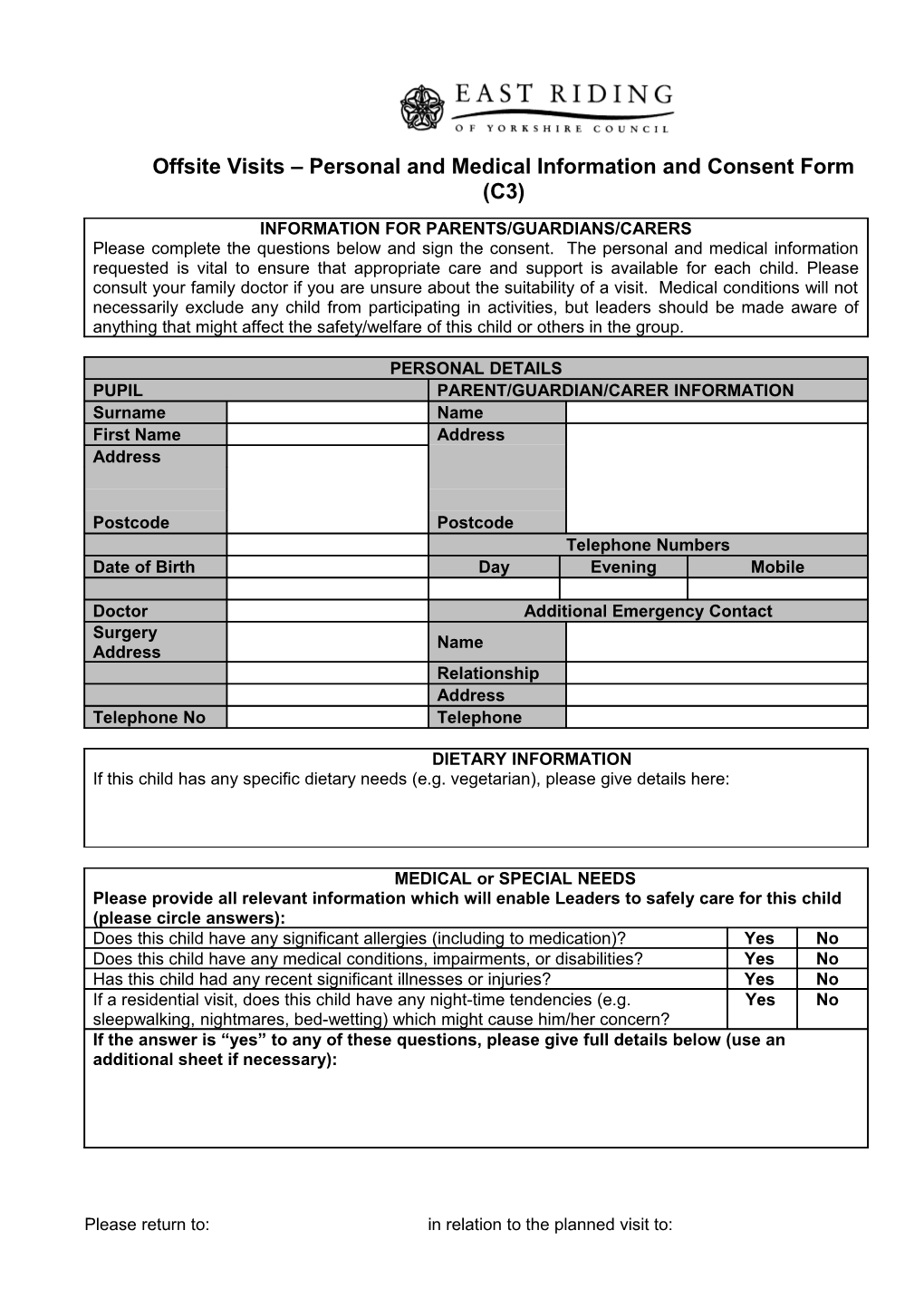 Offsite Visits Personal and Medical Information and Consent Form (C3)