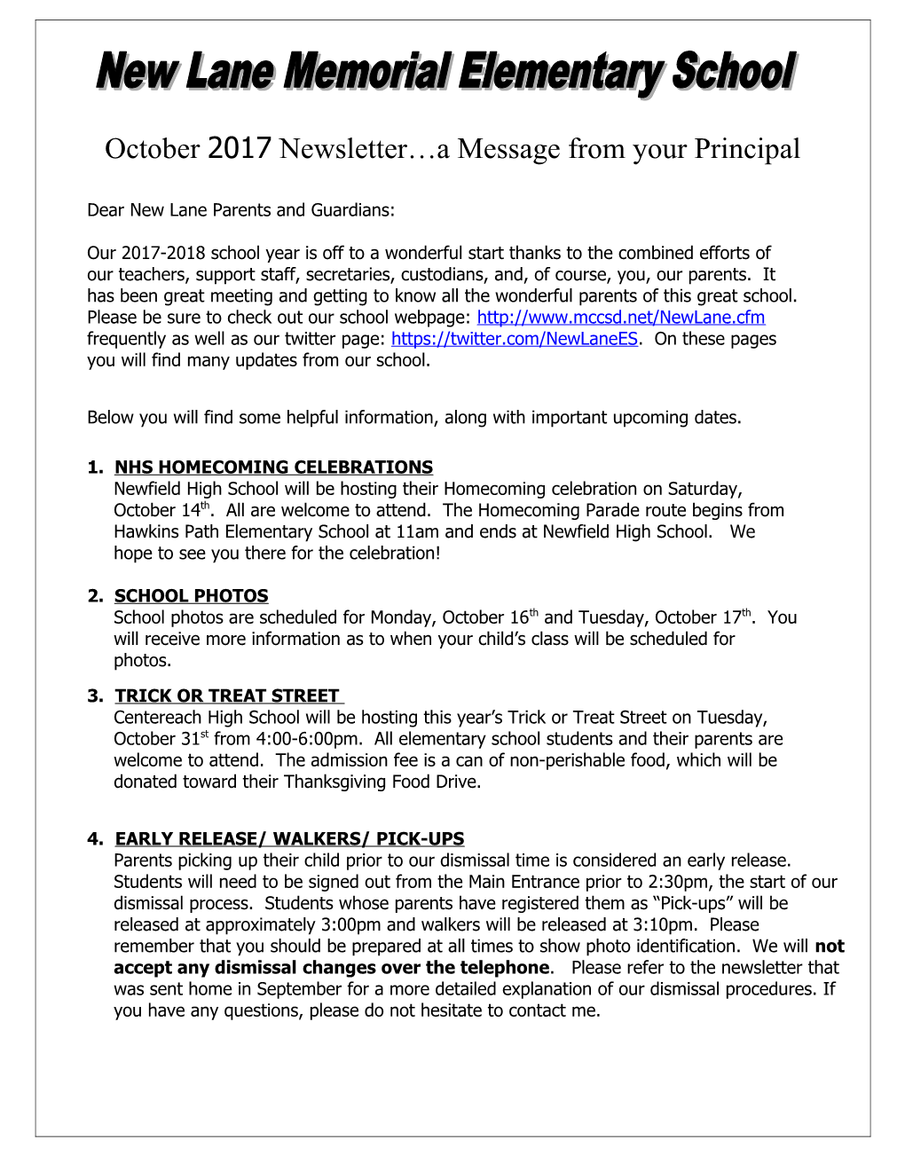 October 2017 Newsletter a Message from Your Principal