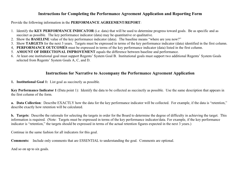 Instructions for Completing the Performance Agreement Application and Reporting Form