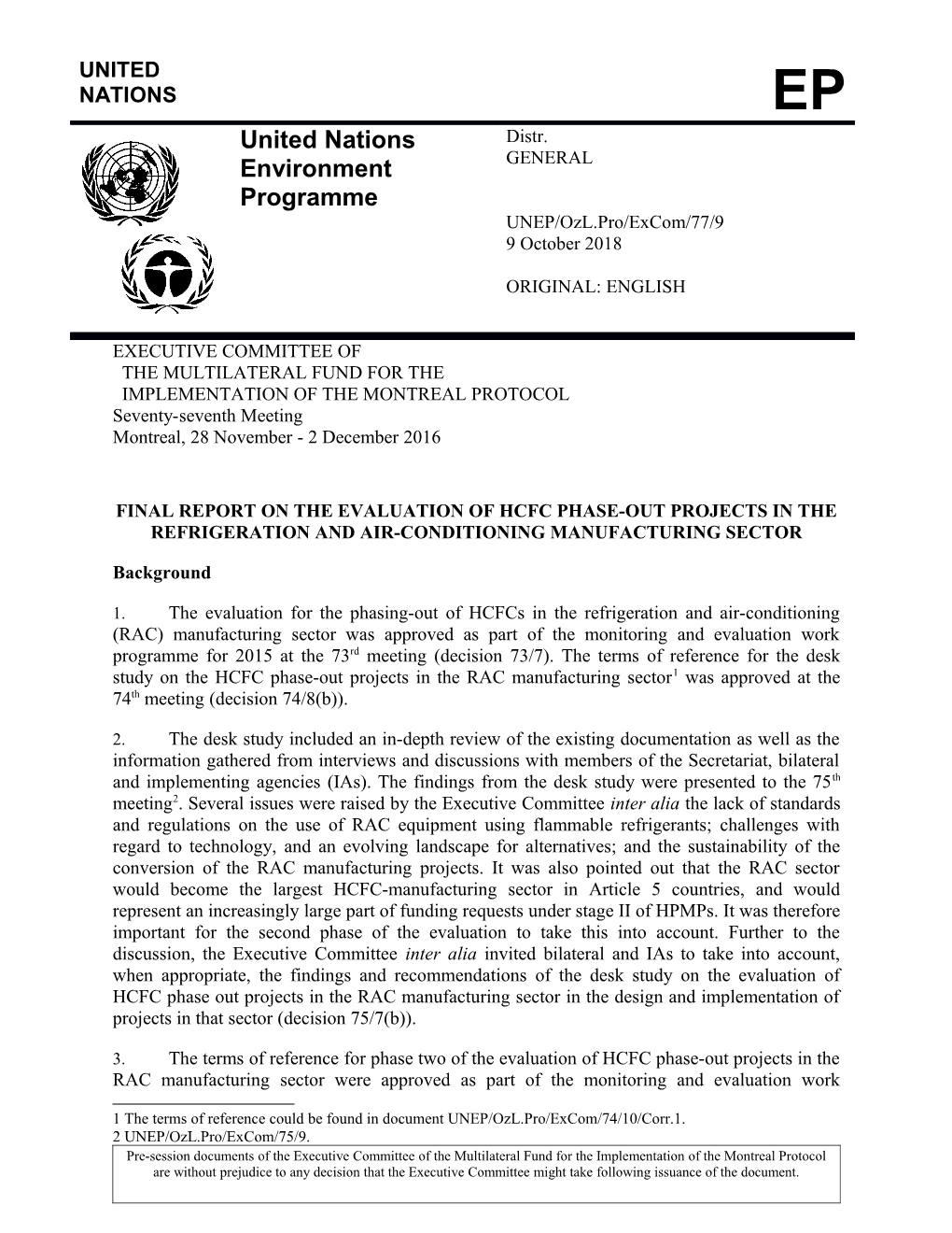 Final Report on the Evaluation of HCFC Phase-Out Projects in the Refrigeration And