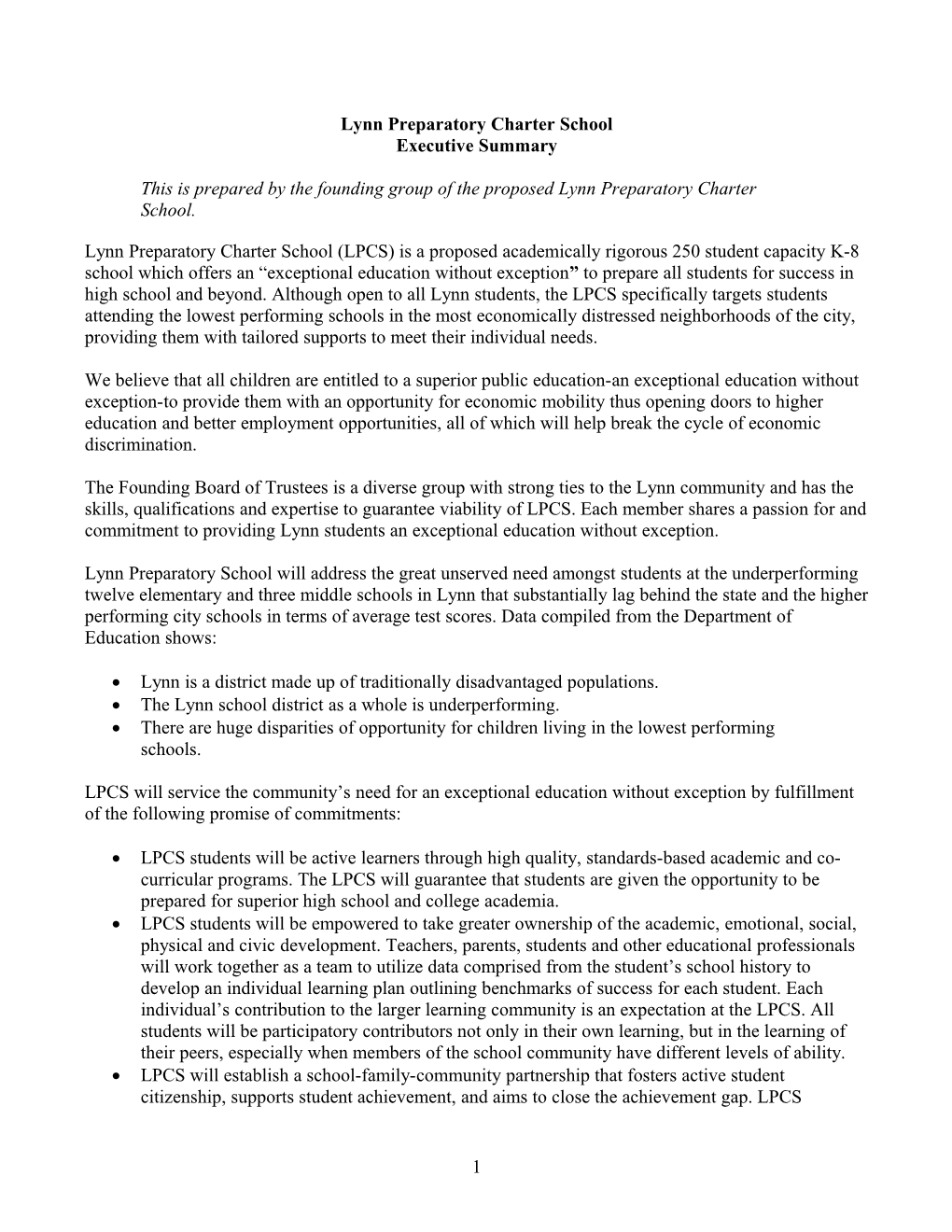 Lynn Preparatory Charter School Executive Summary