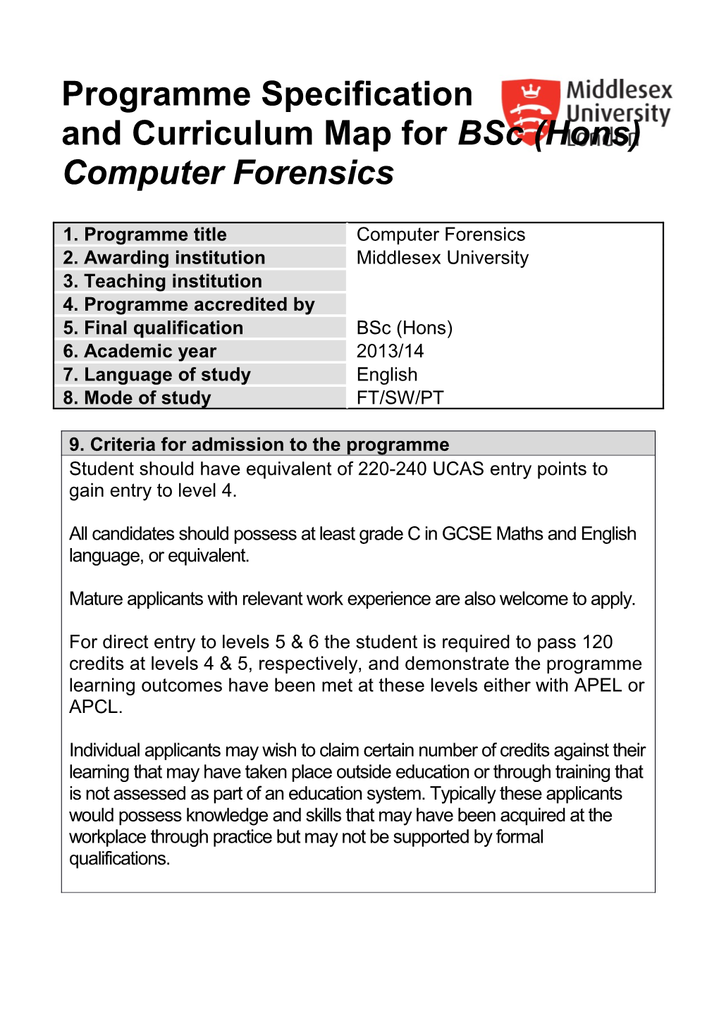 Programme Specification and Curriculum Map for Bsc (Hons) Computer Forensics