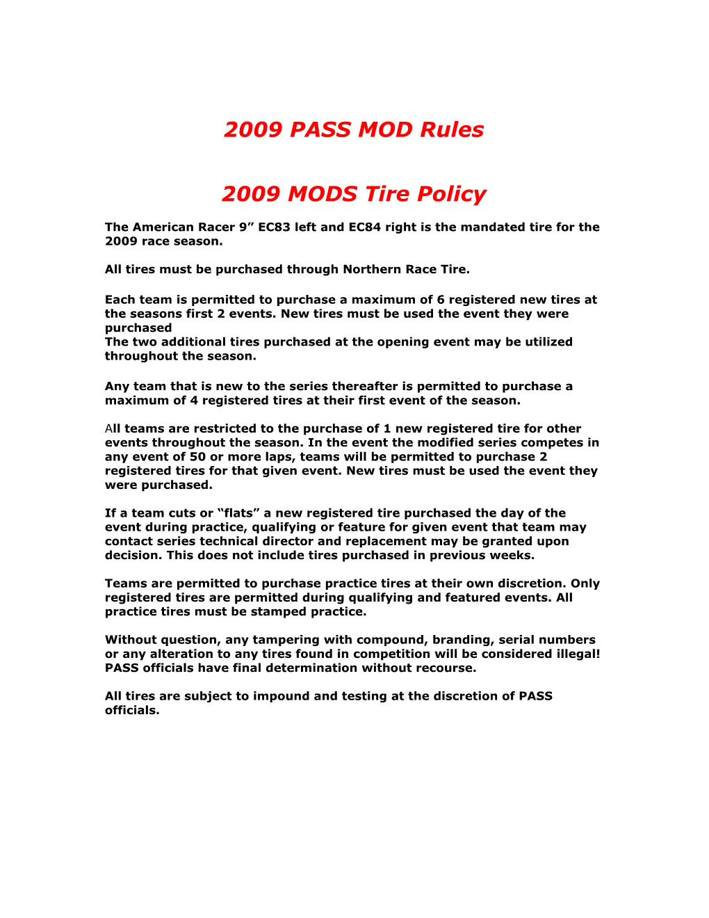2009 PASS MOD Rules