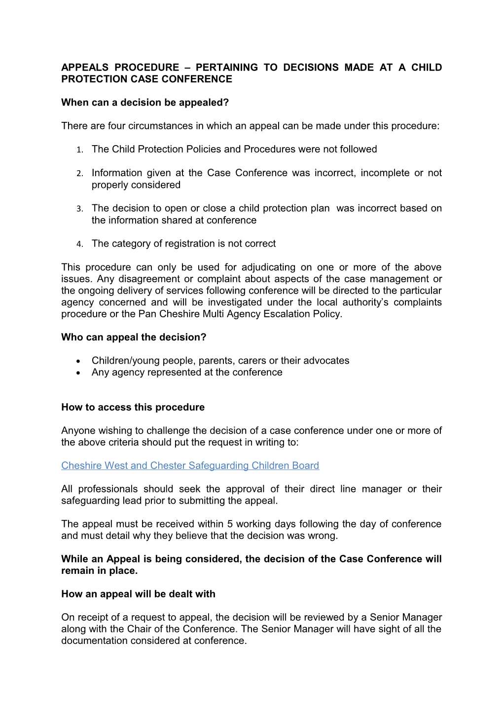 Appeals Procedure Pertaining to Decisions Made at a Child Protection Case Conference