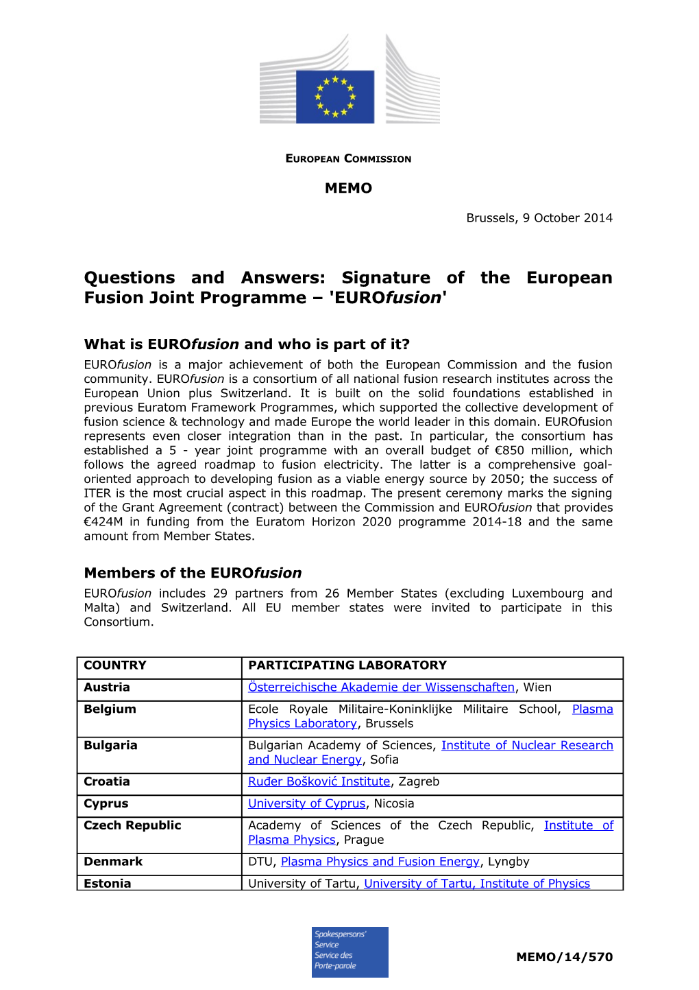 Questions and Answers: Signature of the European Fusion Joint Programme 'Eurofusion'
