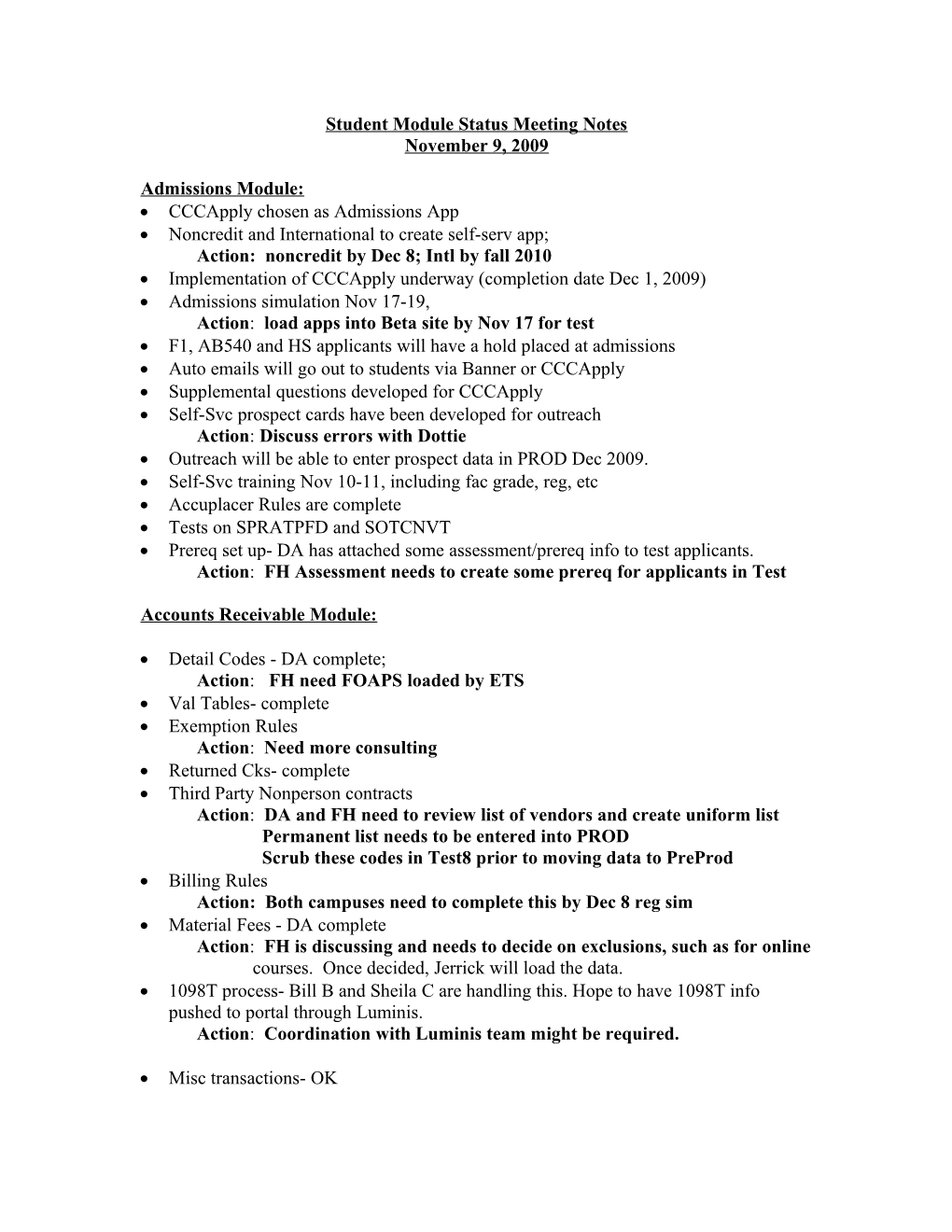 Student Module Status Meeting Notes