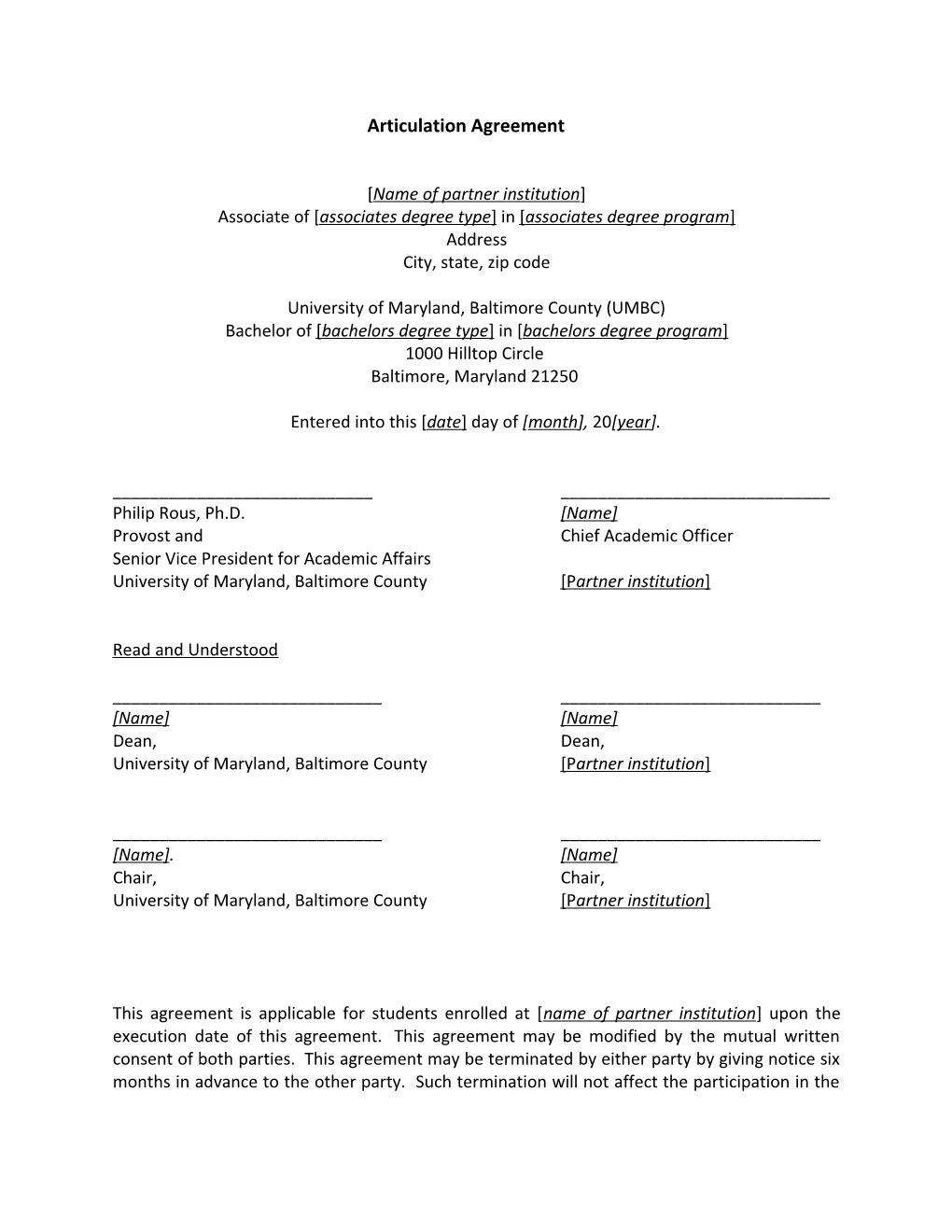 Articulation Agreement Template Revised 2011