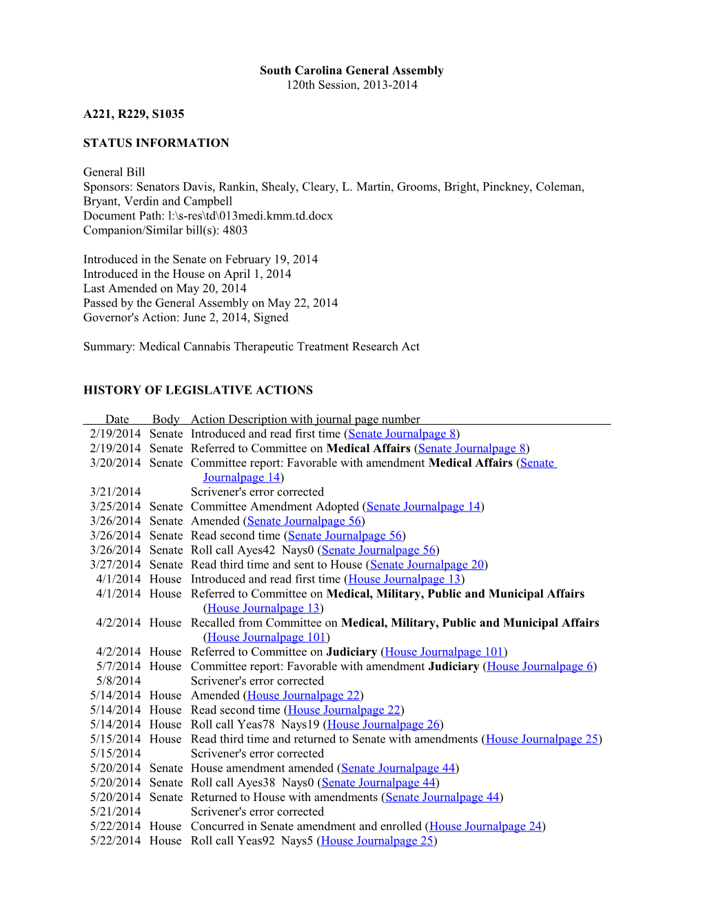 2013-2014 Bill 1035: Medical Cannabis Therapeutic Treatment Research Act - South Carolina