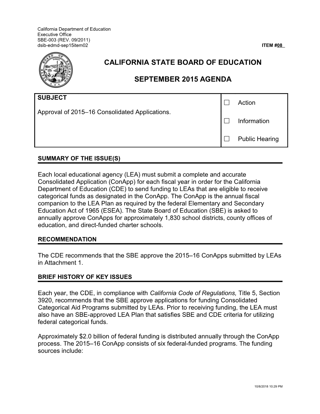 September 2015 Agenda Item 08 - Meeting Agendas (CA State Board of Education)