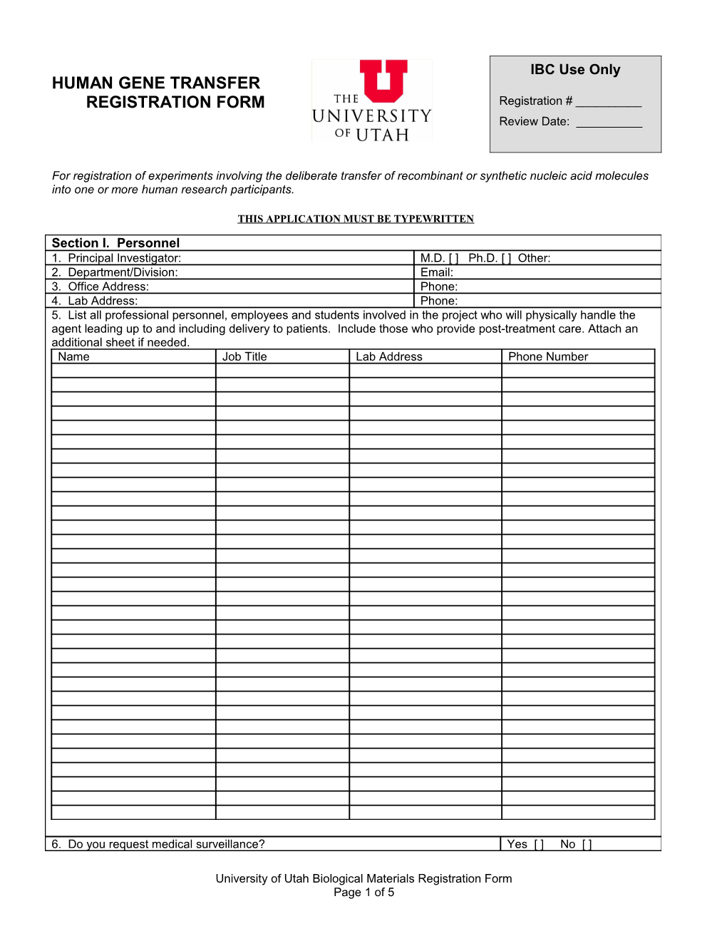 Appendix B1: University of Utah Research Registration Form