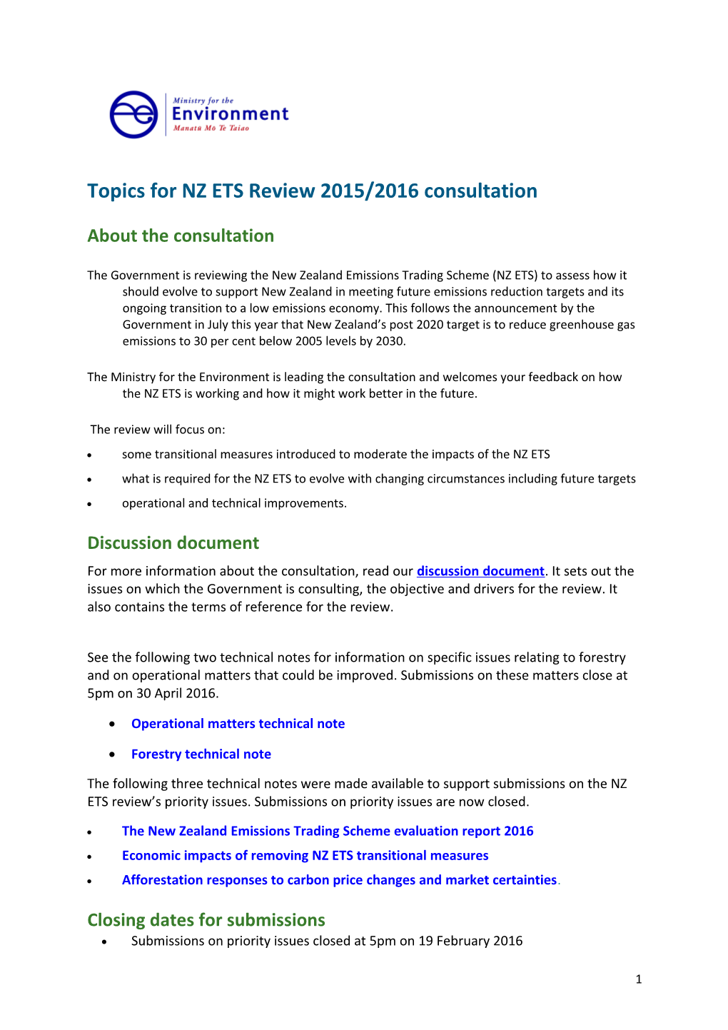 Topics for NZ ETS Review 2015/2016 Consultation