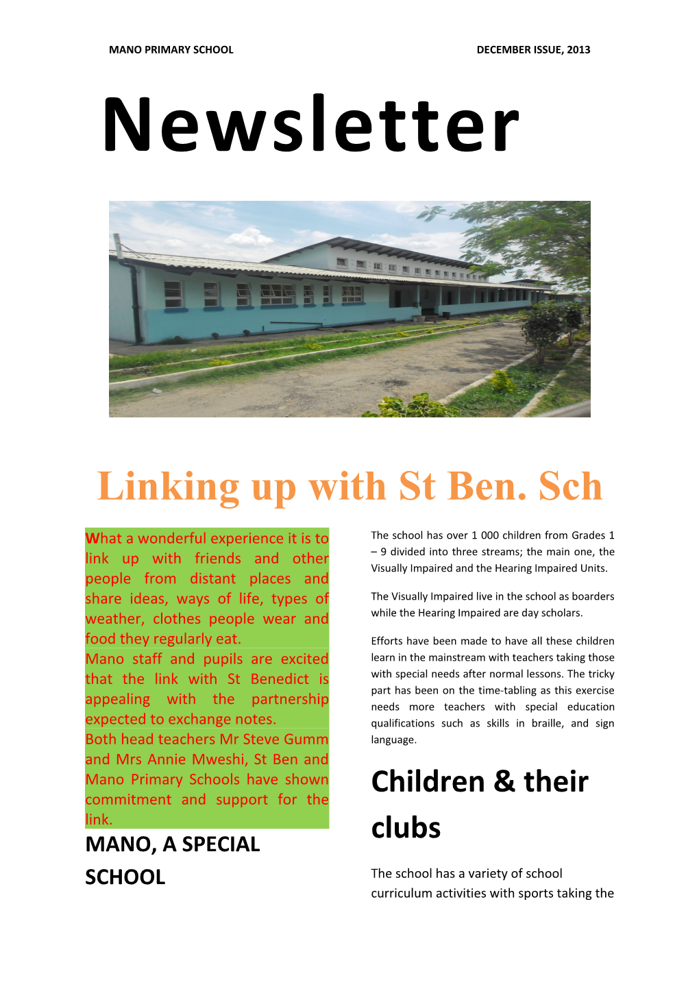 Mano Primary School December Issue, 2013