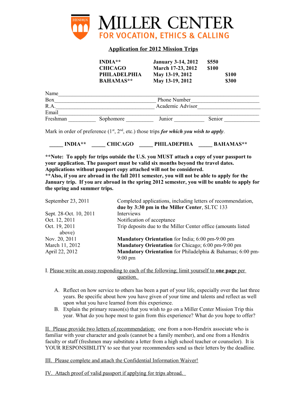 Application for 2012 Mission Trips