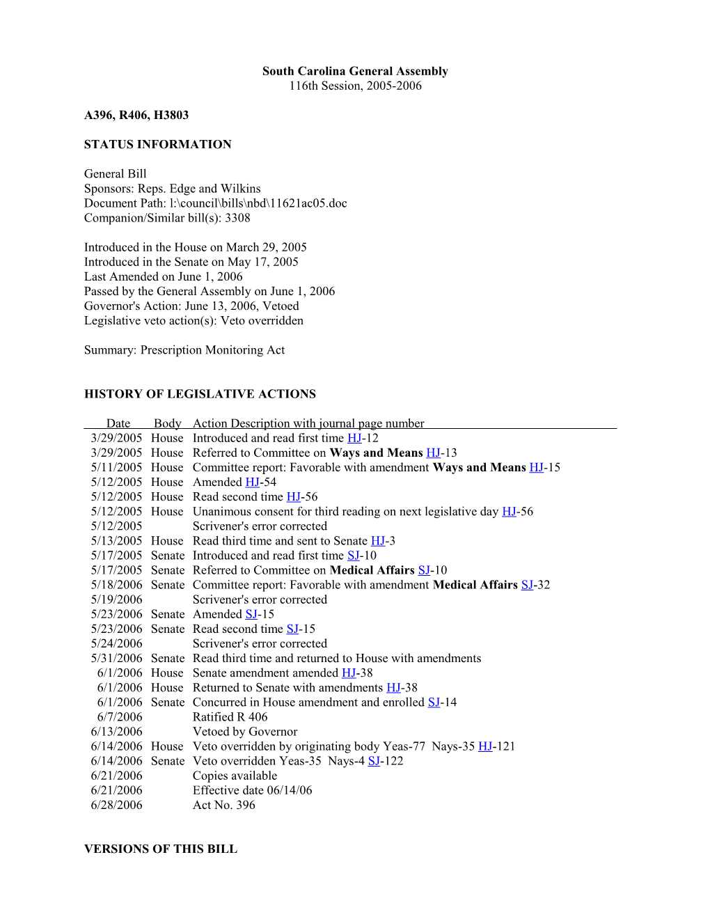 2005-2006 Bill 3803: Prescription Monitoring Act - South Carolina Legislature Online