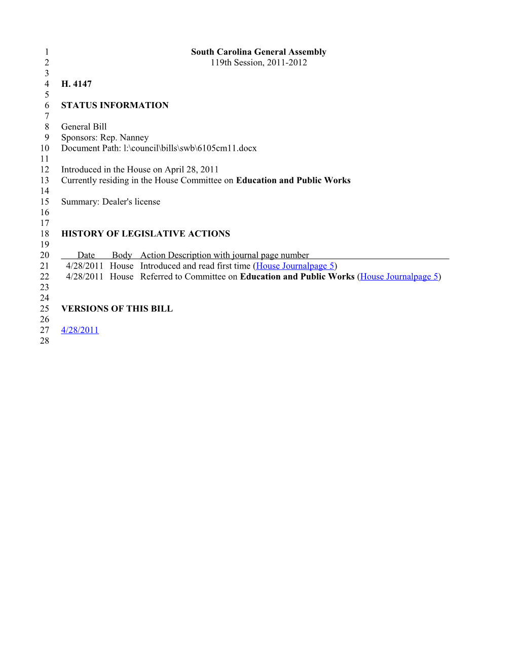 2011-2012 Bill 4147: Dealer's License - South Carolina Legislature Online