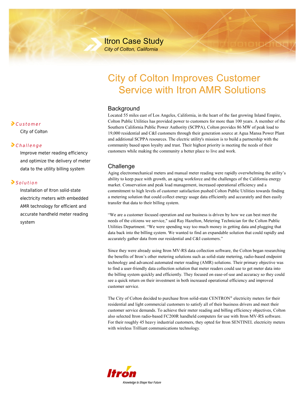 City of Colton Improves Customer Service with Itron AMR Solutions