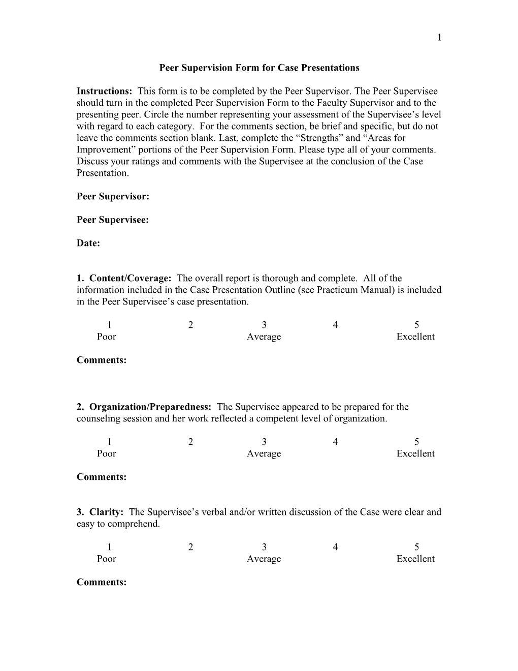 Peer Supervision Form for Case Presentations