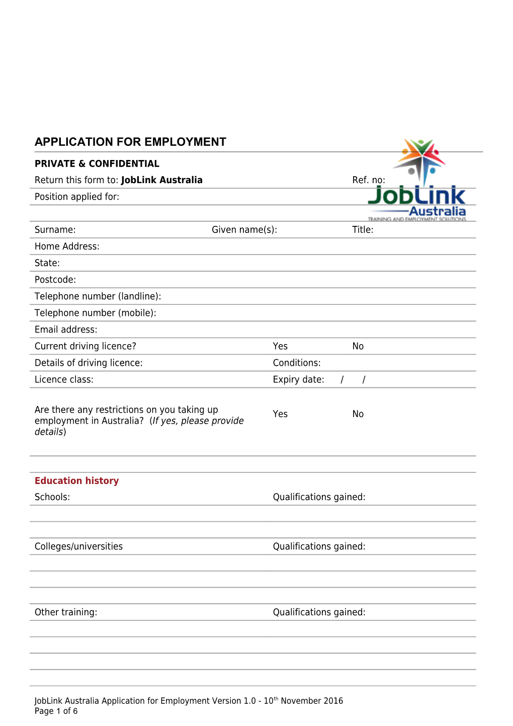 Joblink Australia Application for Employment Version 1.0 -10Th November 2016 Page 1 of 4