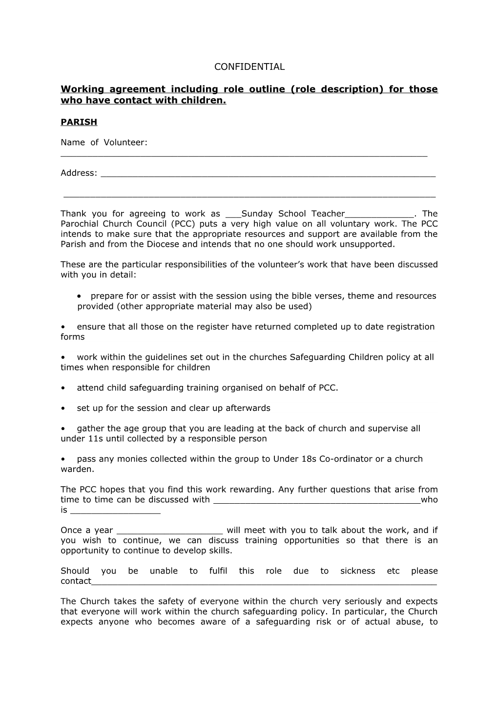 Working Agreement Including Role Outline (Role Description) for Those Who Have Contact