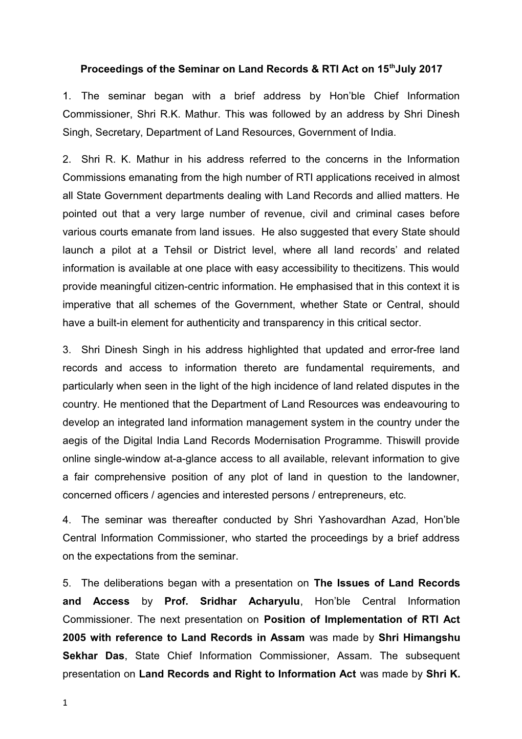 Proceedings of the Seminar on Land Records & RTI Act on 15Thjuly 2017