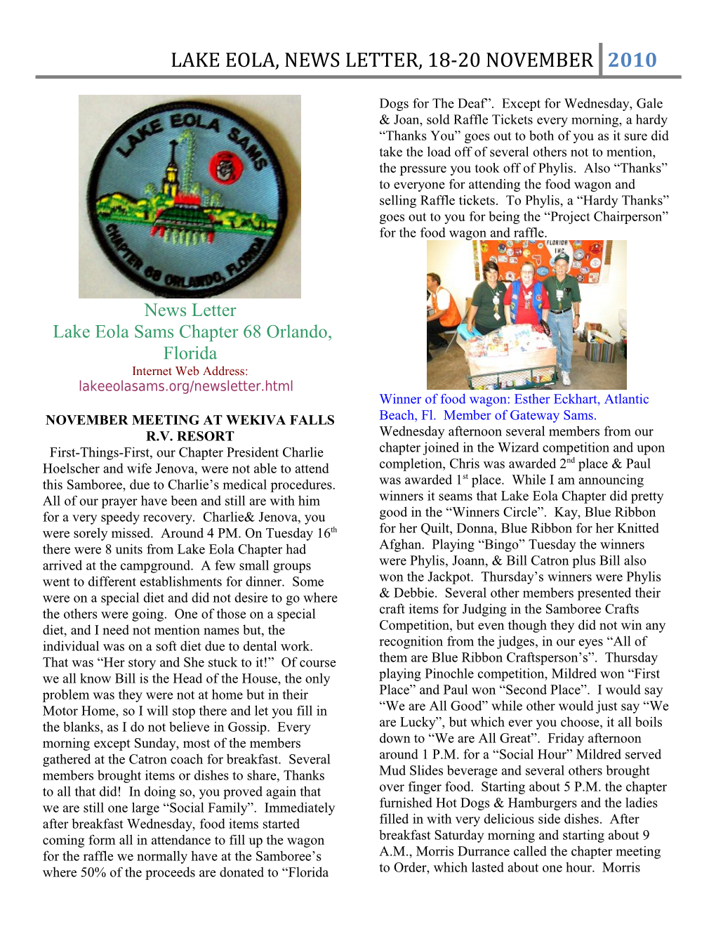Lake Eola, News Letter, 18-20 November