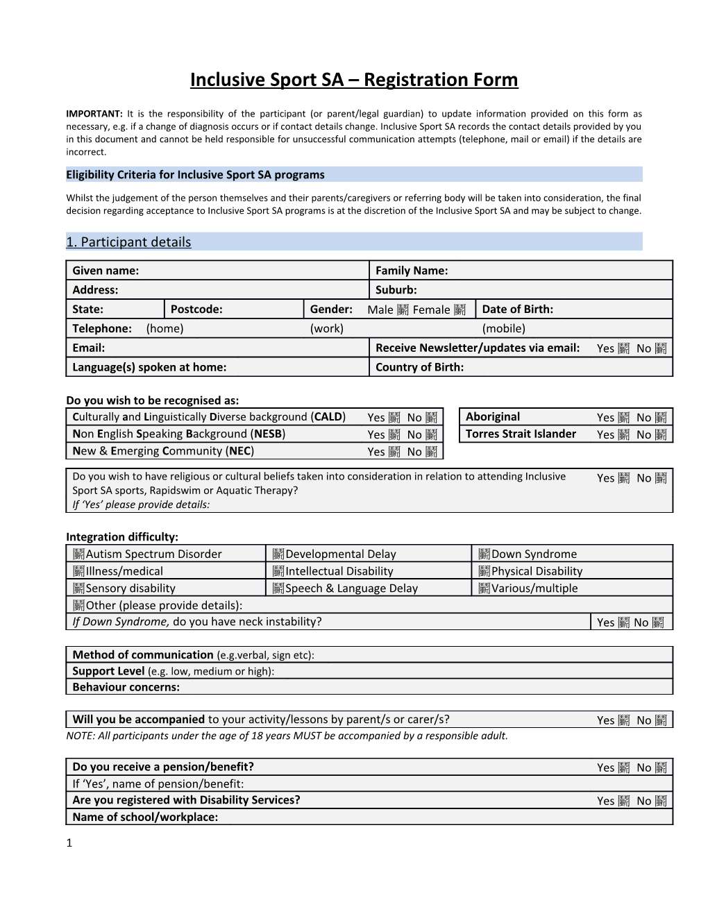 Inclusive Sport SA Registration Form