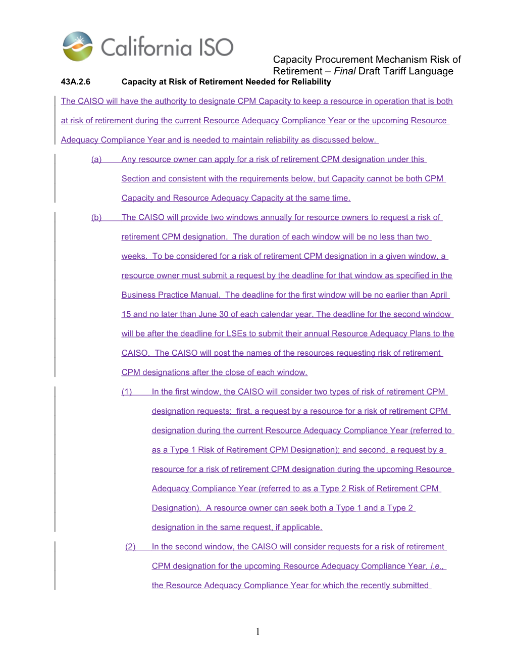 Second Revised Draft Tariff Language - Capacity Procurement Mechanism Risk-Of-Retirement