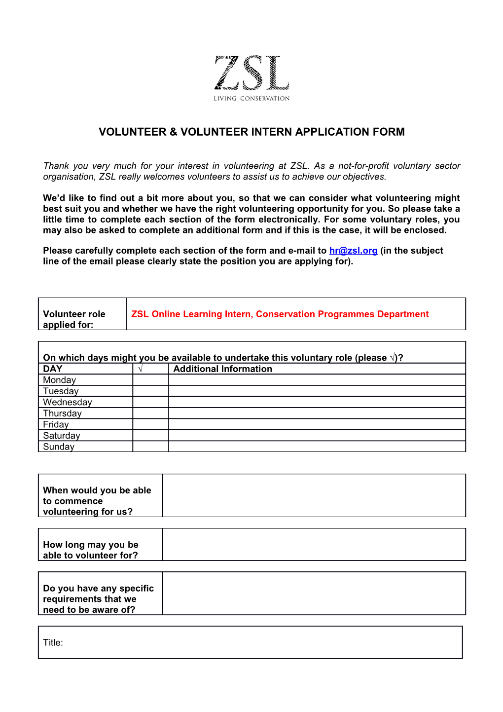 Volunteer & Volunteer Intern Application Form