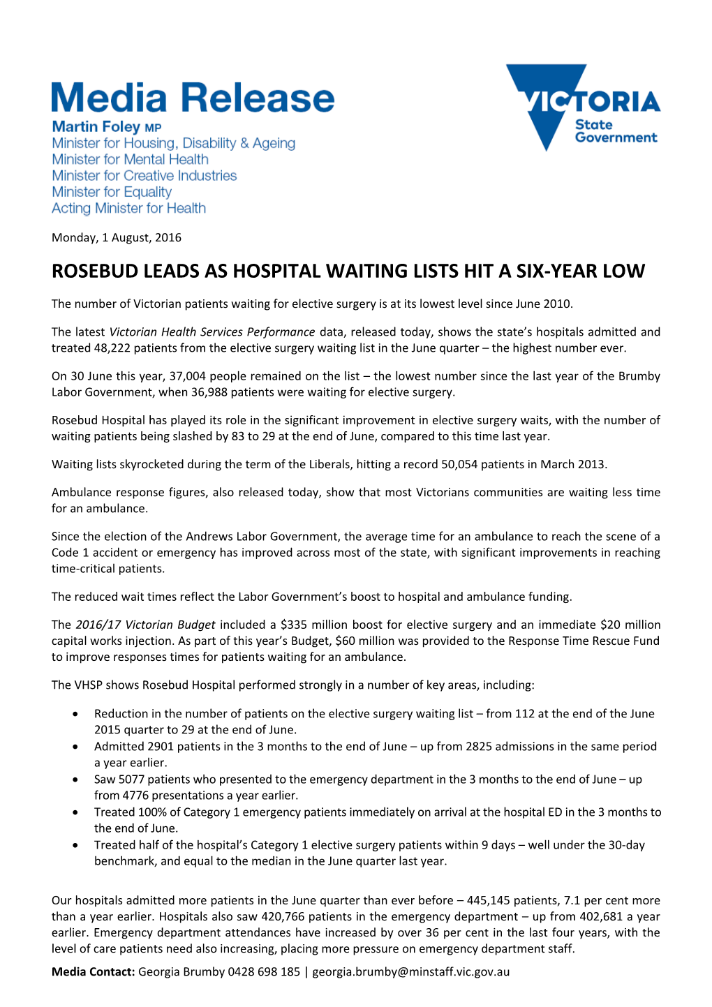 Rosebud Leads As Hospital Waiting Lists Hit a Six-Year Low