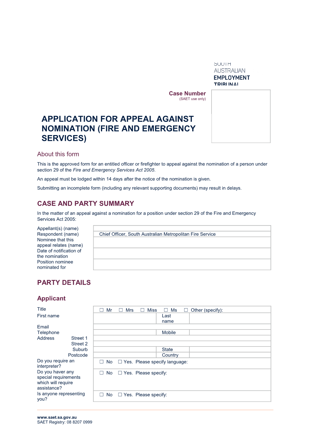 Application for Appeal Against Nomination (Fire and Emergency Services)