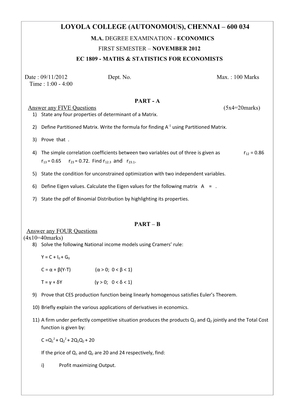 Ec 1809- Maths & Statistics for Economists